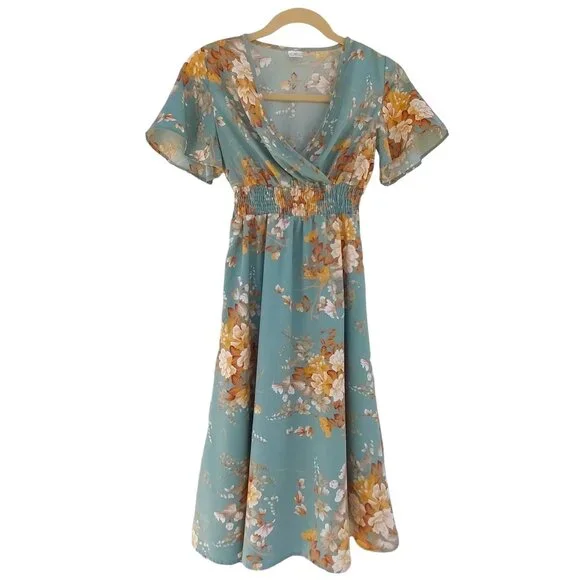 Flowy Floral Midi Dress, Butterfly Short Sleeves, V-Neck, Shirred Waist, Size M - Picture 1 of 8